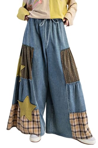 loveimgs Women Wide Leg Palazzo Baggy Jeans Patchwork Elastic Waist Flare Denim Pants Skirts Drawstring Star Plaid Jean Pants