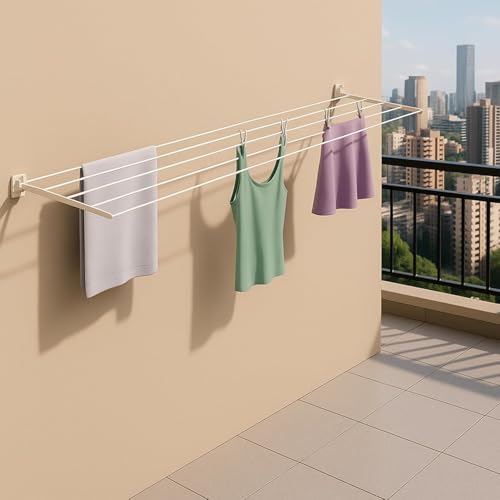 Image of JIALTO Wall-Mounted Foldable Clothes Drying Rack | Heavy-Duty Indoor & Outdoor Dryer Stand | Space-Saving Design for Balcony, Laundry, or Utility Room - Black (White Drying Stand)