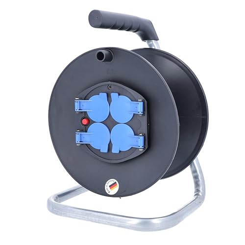 as - Schwabe Kunststoffkabeltrommel Leertrommel Ø230 mm für ca. 25 m Kabel, 4 Einbausteckdosen mit Klappdeckel 230V/16A, Thermoschutzschalter, IP20, Schwarz, 10205