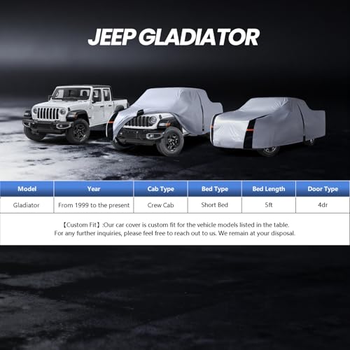 Image of Multi-Layer Jeep Gladiator Truck Cover, Custom fit Gladiator 1999-2026 Crew Cab Short Bed(5') Car Cover Waterproof All Weather, Full Exterior Cover Rain Wind Dust and UV Protection with Door Zipper