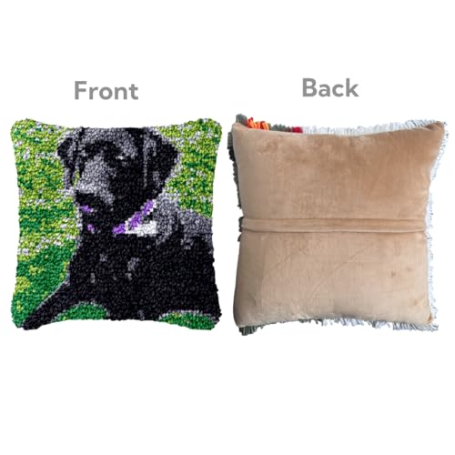 Image of Black Dog Labrador DIY Latch Hook Pillow Kit for Adults Throw Pillow Cover with Printed Canvas Crochet Yarn Needle Craft Handmade Cushion for Home Sofa Decoration 43x43cm