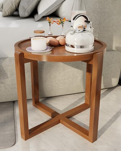Image of Patio Folding Coffee Table Walnut Finished, Balcony and Garden Table Bistro Side Table, Outdoor Wooden Round Portable End Table Picnic Table for Camping & Dining