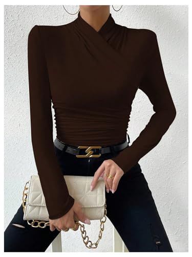 Image of SweatyRocks Women's Ruched Mock Neck Long Sleeve T Shirt Solid Slim Fitted Tee Tops