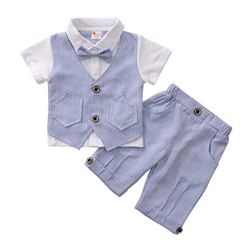 Baby Boy Gentleman Outfit, Short Sleeve T-Shirt with Fake Vest & Pants & Bowtie, Infant Boy Clothes Suit for Dress Up (1-4T)