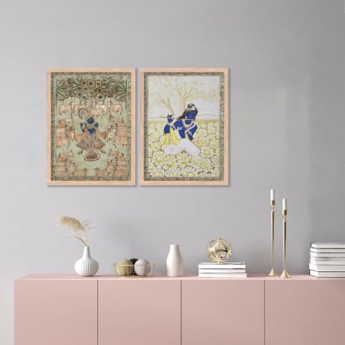 Image of kotart Traditional Indian Wall Art Painting Set of 2 | Kamdhenu Cow Design | MDF Wooden Framed Spiritual Wall Decor for Living Room, Pooja Room & Home (Art 6, 14x20 Inch)