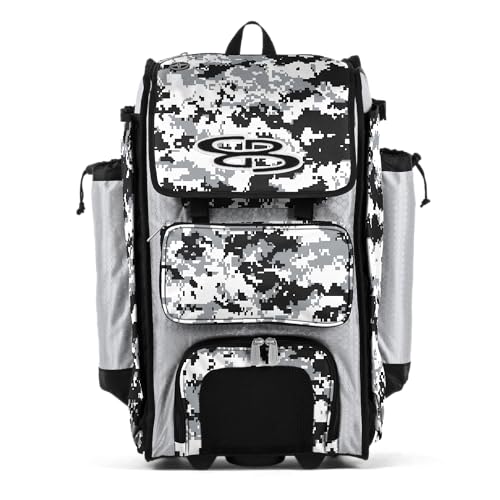 Boombah Rolling Catchers Superpack Baseball/Softball Gear Bag - Telescopic Handle and Holds 4 Bats - Wheeled Version - Digital Camo White/Black