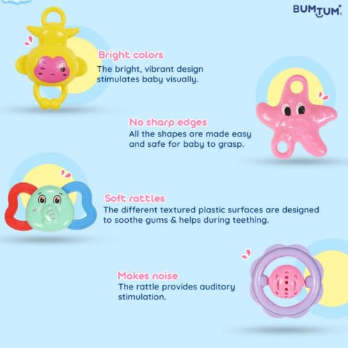 Image of BUMTUM 7Pcs. Baby Rattles Attractive Colorful Plastic Non Toxic BPA Free for New Born Babies and Infants (Pack of 1, Multicolor & Multi Designs)