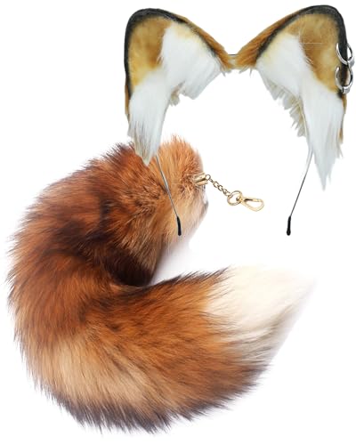 Lupidyyxun Fox Ears and Tail Set for Women Cat Wolf Ears for Cosplay Halloween Therian Fox Tails Costume （Sweet-Brown）