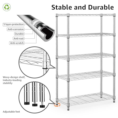 Image of M MZG 1250 lbs Steel Heavy Duty 5-Tier Utility Shelving Unit Steel Organizer Wire Rack for Home,Kitchen,Office,Chrome (13.7 inch D x 23.6 inch W x 62.4 inch H)