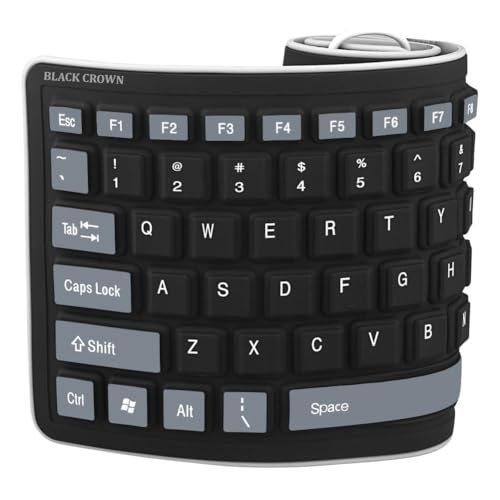 Image of BLACK CROWN Flexible Keyboard, Foldable Silicone Keyboard USB Wired Waterproof Rollup Key-Board for PC, Notebook, Laptop. (Black+Grey)