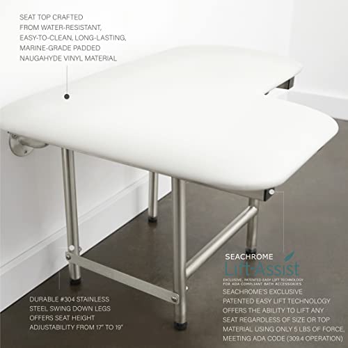32" x 22.5" White Padded Wall Mount Folding Right-Handed Transfer Bench Shower Seat with Legs, ADA Compliant by Seachrome - Image 5