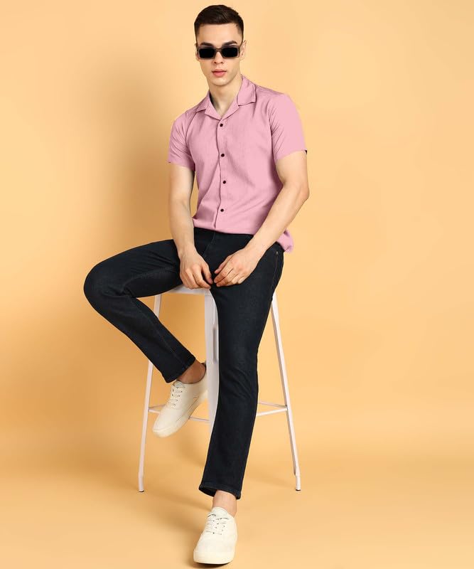 Image of COMBRAIDED Men's Solid Cotton Blend Half Sleeve Shirt - Regular Fit Casual Button-Down Shirt for Office & Travel - Summer & Spring