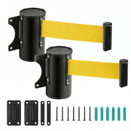 Landical 2 Pcs Fixed Wall Mount Retractable Barrier Belt DO NOT Enter Sign Safety Belt Barrier Rope with Braking System Locking Button for Crowd Control Parking(Without Words,Yellow)