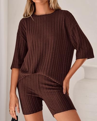 Image of KIRUNDO Short Sets For Women Summer 2 Piece Matching Lounge Sets Casual Rib Knit Tshirts Biker Shorts Beach Vacation Outfits