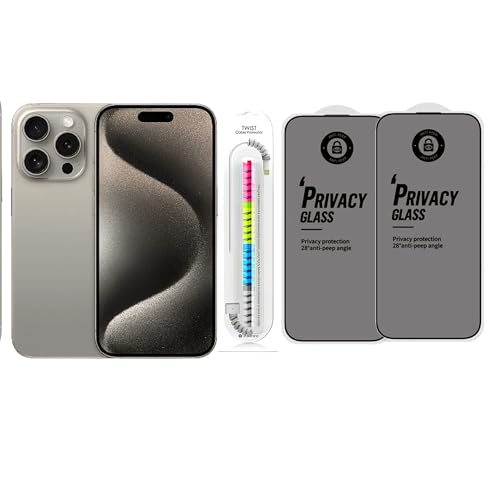 Image of Edge To Edge Privacy Tempered Glass Screen Protector Compatible With iPhone 15 Pro, 9H Hardness, Anti-Fingerprint, FHD Clear With Cable Protector Pack 2