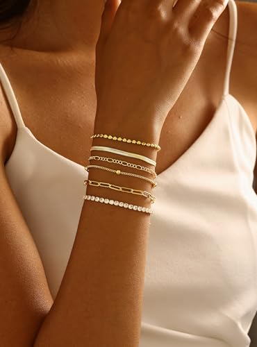DEARMAY Waterproof Gold Bracelets Set for Women Trendy, Dainty 14K Real Gold Plated Jewelry Fashion Stackable Tennis Beaded Figaro Herringbone Paperclip Link Bracelet Pack Stack Gifts for Women4