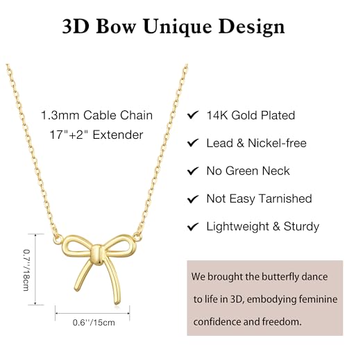 Non Tarnish Gold Bow Necklace, 14K Gold Plated Bow Necklace for Women, Flawless Hand-Polished Bow Pendant Necklace for Women Trendy, Dainty Chain Necklace Gifts for Her3