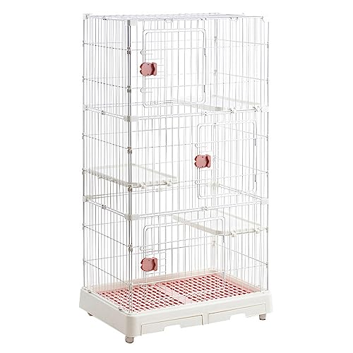 大型猫ケージ、屋内用猫ケージ、猫用プレイペン、1〜2匹の猫、フェレット、チンチラ、ウサギ、子犬、小動物用、トイレボックスとトイレスコップ付き、金属製ワイヤーケンネルクレート(Pink-69-46-133cm)