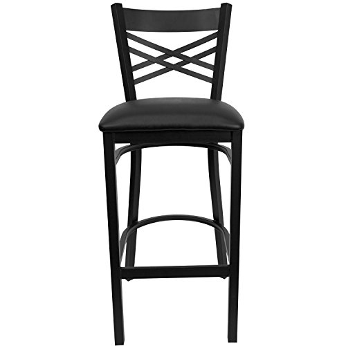 Butaco de bar metálico con respaldo en X, asiento de vinilo negro y estructura de metal negro miniatura 5