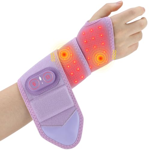 Image of Cordless Wrist Hand Heating Pad Massage for Pain Relief, Rechargeable Heated Wrist Brace for Carpal Tunnel, Red Light Therapy Heated Wrist Massager Wrap for Arthritis, Purple
