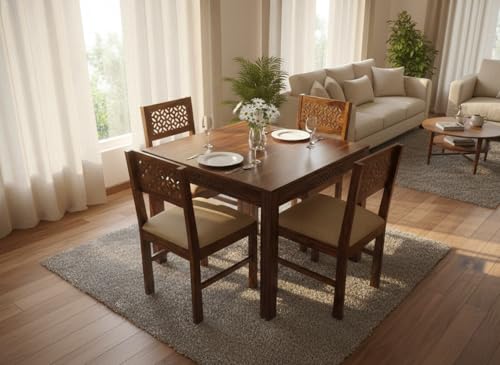 Image of RECTART Solid Wood Dining Table Set with Chairs for Living Room Home | Wooden Dining Room Sets Furniture for Hotels and Restaurants | (CNC-White-N, 4 Seater)