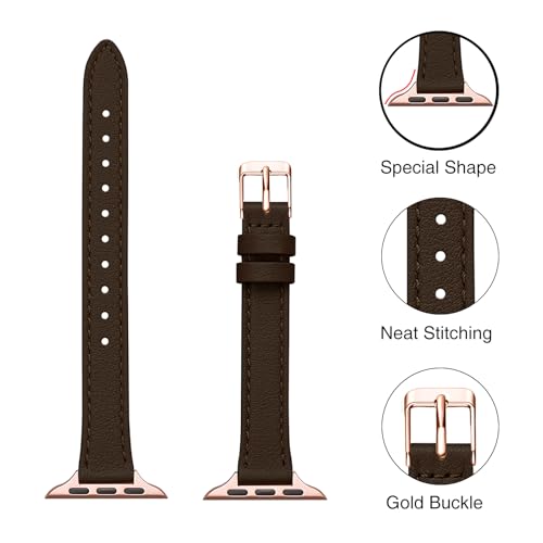 Image of STIROLL Slim Leather Bands Compatible with Apple Watch Band 38mm 40mm 41mm 42mm 44mm 45mm 49mm,Top Grain Leather Watch Thin Wristband for iWatch Ultra SE Series 8 /7 /6 /5 /4 /3 /2 /1(Coffee with Rose Gold)
