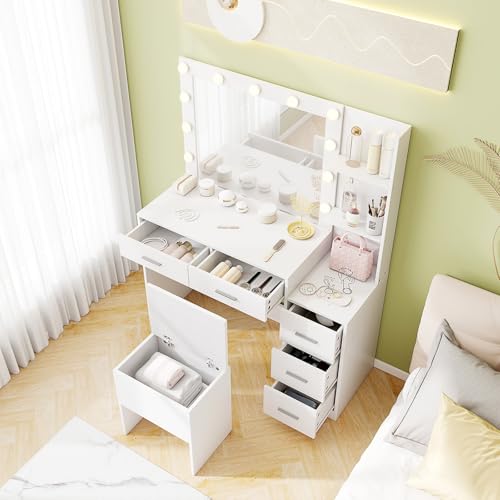 CHARMAID Vanity Stool with Hidden Storage, Cushioned Vanity Bench, Backless Makeup Stool with Soft Seat, Small Storage Footrest for Bedroom, Closet, Entryway, White - Thumbnail 5