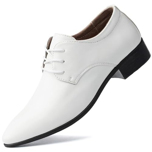 Kanggrei Chaussures habillées Classiques en Cuir PU à Lacets et Bout Pointu for Hommes, Chaussures Derby à Semelles en Caoutchouc antidérapantes for Mariage(Blanc,43 EU)