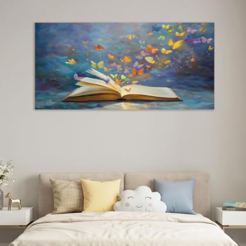 Image of Large Framed Canvas Wall Art Fantasy 120 x 60 cm Canvas Pictures Animal Butterfly Book - Decorative Wall Poster for Living Room, Bedroom Bathroom, Multicolor