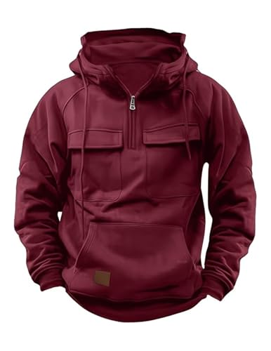 Volemo Sweat a Capuche Homme Zippé Cargo Hoodie Coton Sweatshirt Manches Longues Rétro Pull avec Poche Rouge L