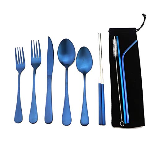 Blue Reusable Utensils with Case Camping Travel Silverware Set,Portable Stainless Steel Cutlery Set - Matte Flatware Set Knife Fork Spoon Mirror Straws Chopsticks - for Office Lunch, Hiking, School