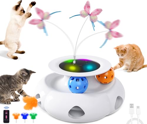 Xuyub 3in1 Interactive Cat Toys Moving Ambush Feather, Spinning Butterfly, Track Balls, Rechargeable Automatic Activated Kitten Toys for Indoor Cats, Cat Feather Toy for All Breeds