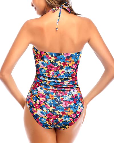 Image of Tempt Me Women Sexy Cutout One Piece Swimsuits Tummy Control High Waisted Halter Front Tie Knot Bathing Suit