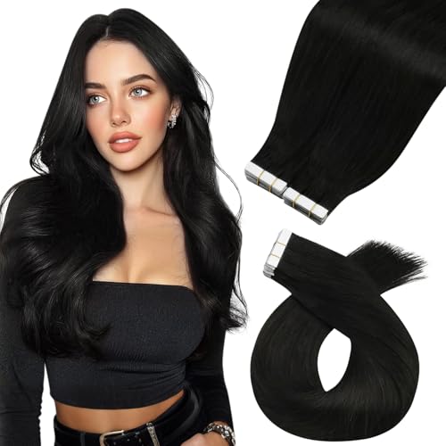 Image of Moresoo Natural Black Tape Extensions Real Human Hair 14in 40Pcs 80g | Hair extensions tape in, higher-density set, flat tabs, short to medium length, full head volume and blowout styling