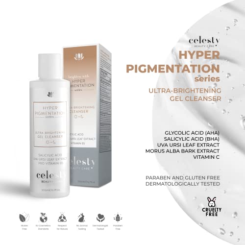 Celesty Beauty Brightening Gel Cleanser Glycolic Acid (Aha), Salicylic Acid (Bha) - Uva Ursi Leaf Extract, Pro Vitamin B5 Face Wash - Skin Face Sensitive Facial Cleansing Gel - Uneven Skin #TOP2