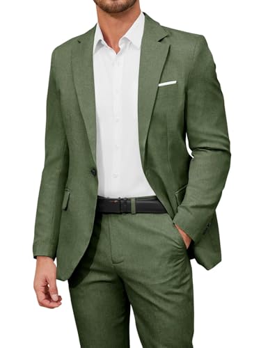 EMERAIDVLN Men's 2 Piece Suits Slim Fit Casual Lightweight Suit Set 2 Button Linen Textured Blazer Suit Jacket Pants Set