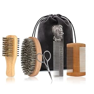 Beard Brush and Comb Set with Mustache Scissors Grooming Kit, Natural Boar Bristle, Dual Action Wood Comb, Dual Side Brush for Men’s Facial Hair, Travel Bag