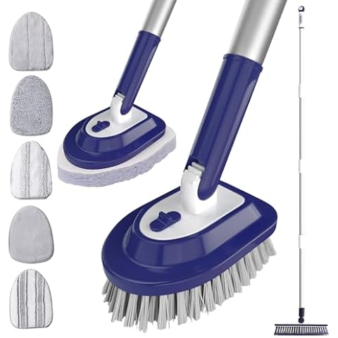 4-in-1 Bath Cleaning Brush - Shower Scrubber with Long Handle for Cleaning, Shower Cleaner Brush with 7 Replaceable Heads, Bath Scrubber for Cleaning (Blue) Cover
