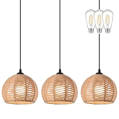 AyshwillDec 3 Pack Woven Pendant Light Boho Chandelier Dome Rustic Farmhouse Chandelier Hemp Rope Light Rattan Light Fixture for Dining Room Living Room Bedroom Kitchen Foyer(Warm White Bulbs Incl.)