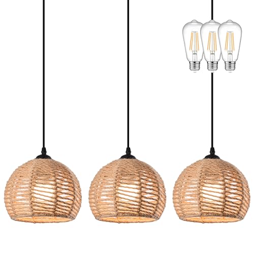 AyshwillDec 3 Pack Woven Pendant Light Boho Chandelier Dome Rustic Farmhouse Chandelier Hemp Rope Lights Rattan Light Fixture for Dining Room Living Room Bedroom Kitchen (Warm White Bulbs Incl.)