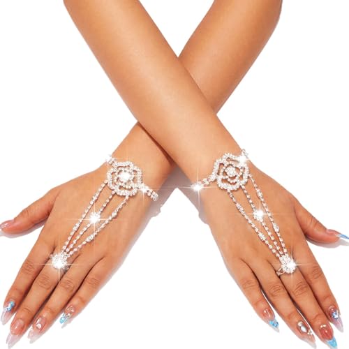 GORTIN Rhinestones Fingerless Gloves Flower Sparkle Crystal Gloves Bridal Hand Chain Accessories for Women (Silver, One size)