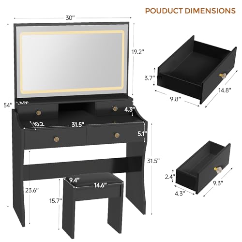 Image of COMHOMA Vanity Desk with LED Lights Mirror & Power Outlet, Small Makeup Vanity Table Set with 5 Storage Drawers, 3 Lighting Modes & Adjustable Brightness, Dressing Table for Women Girls Bedroom, Black