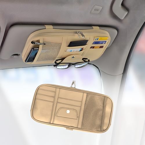Voittozege Car Sun Visor Organizer Sunglasses Holder for Car Auto Interior Accessories CD Card Small Document Storage Pouch Holder, Multi-Pocket with Zipper Net for SUV Truck Van (Beige)
