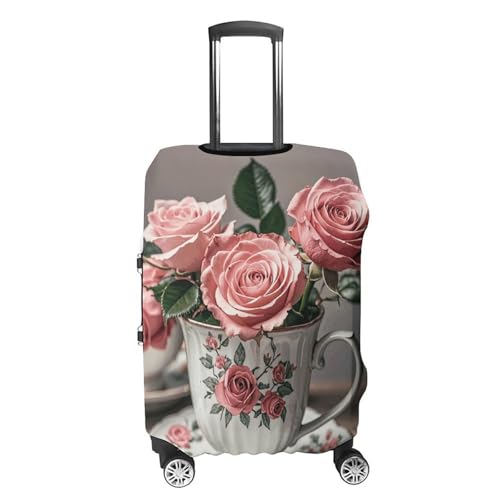 Tea Cups with Roses Romantic Shabby Luggage Cover, Washable Elastic Suitcase Cover Protector Fit 18-32 Inch Luggage4
