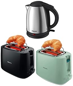 Philips HD9306/06 1.5-Litre Electric Kettle (Multicolor)&Philips Daily Collection HD2583/90 600-Watt 2 in 1 Toaster and Grill (Black)&PHILIPS HD2584/60 830W 2 Slice Pop Up Toaster, Green