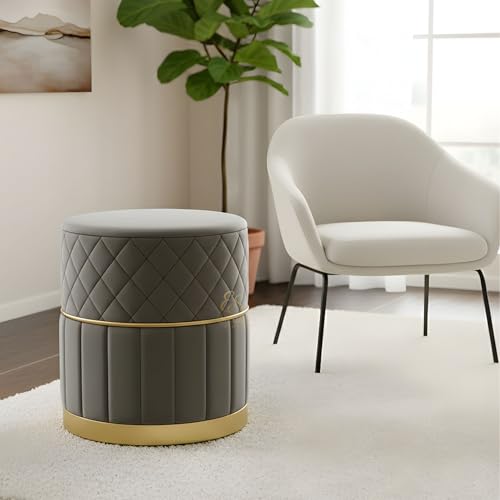 Image of ENIQE STORE Set of 2 Round Velvet Ottoman Footstool Gold Base - Tufted Upholstered Pouffe Stool for Living Room, Bedroom & Dressing Area (Grey)