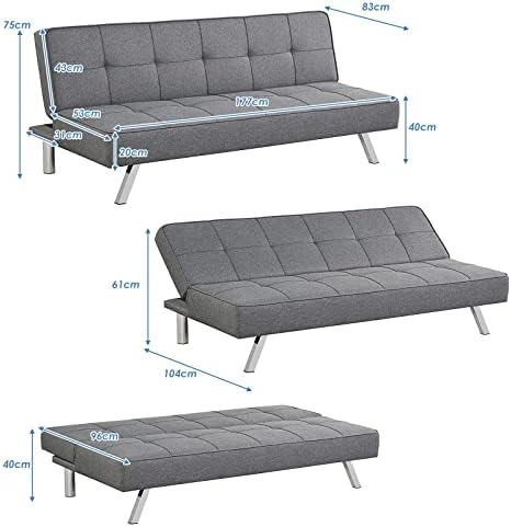COSTWAY 3 Seater Convertible Sofa Bed, 3 Inclining Positions Linen Fabric Tufted Reclining Couch with Stainless Steel Legs, Upholstered Sofa Settee for Living Room Bedroom (without 2 Storage Drawers)