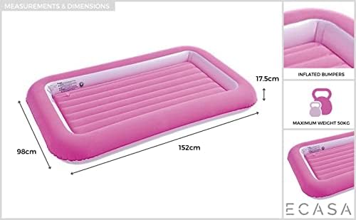 ECASA Inflatable kids mattress for camping, sleepovers and travel. Junior air beds in pink or blue with a soft flocked surface. Inflatable bed with bed bumper for kids. (Pink)