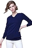 织礼 Zhili Women's V-Neck Cashmere Pullover Sweater(Dark Blue_X-Large)