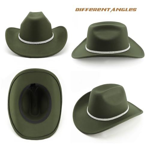 Image of DRESHOW Glitter Cowboy Hat Classic Western Rhinestone Cowgirl Hat Outdoor Wide Brim Retro Felt Fedora Hats Rolled up Caps